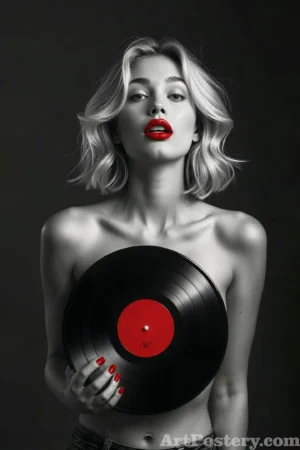 Woman holding a vinyl record in a black-and-white music poster 75