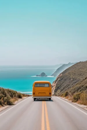 Yellow Camper Van on Coastal Road Photographic Print 77