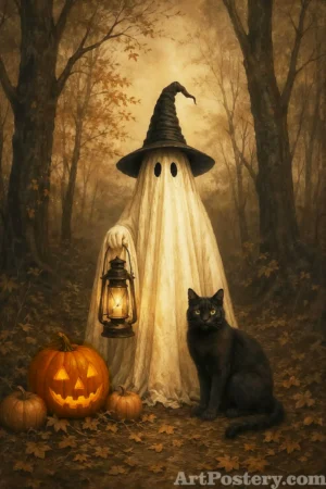 Witch Hat Ghost Funny Halloween Posters 8 – a ghost in a witch hat with a black cat