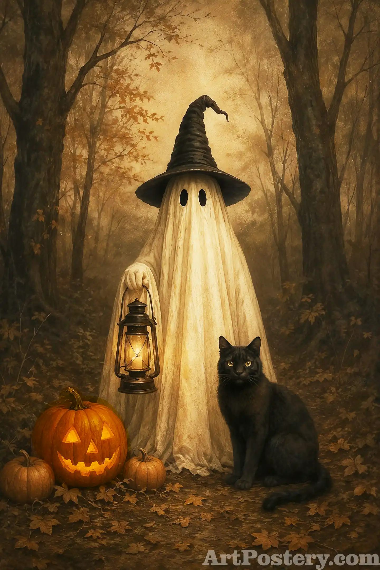 Witch Hat Ghost Funny Halloween Posters 8 – a ghost in a witch hat with a black cat