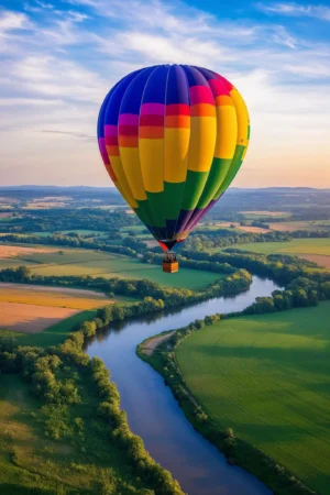 Colorful Hot Air Balloon Above River Valley Photographic Print 81