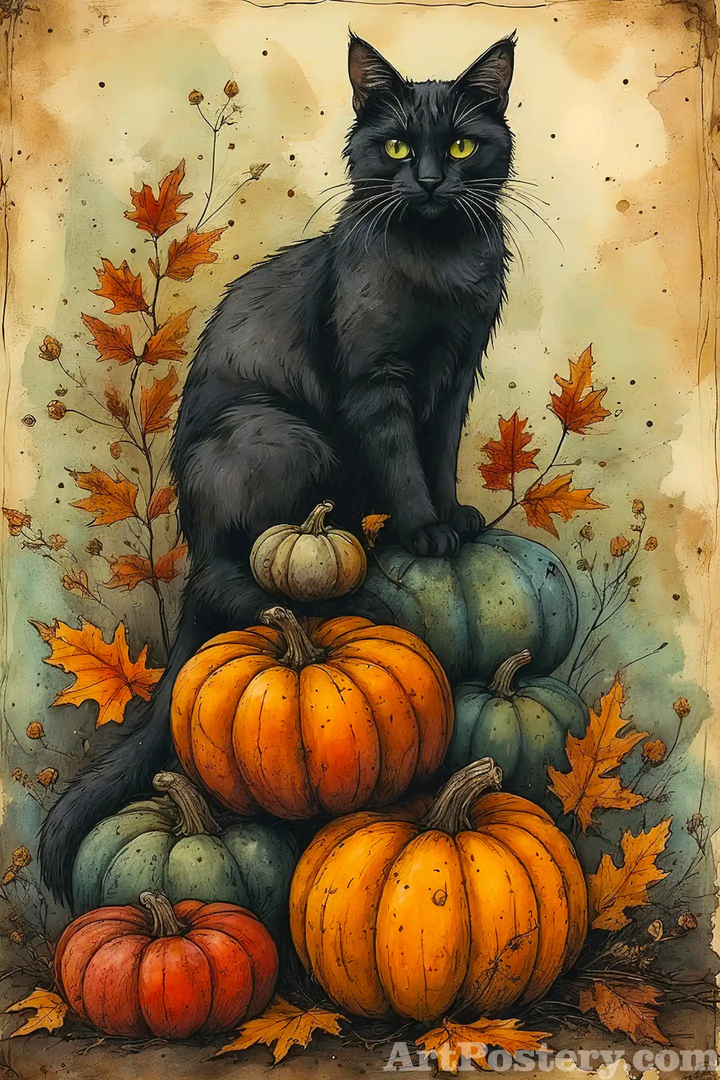 Black cat and pumpkin vintage Halloween wall art poster