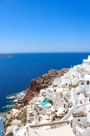 White Cliffside Village Above Blue Sea Photographic Poster 95
