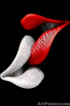 Red and White Textured Lips on Black Abstract Art Poster A27