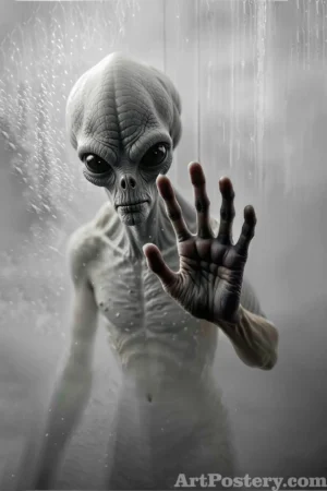 Dark Extraterrestrial Creature Behind Rain-Spattered Glass Poster alien.-2