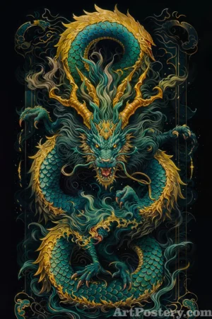 Orange Flying Dragon Above Mountain Landscape Fantasy Poster drakon